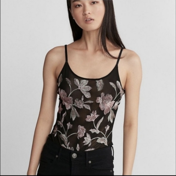 Express Black/Pink Floral Embroidered Bodysuit Size M - Picture 7 of 8